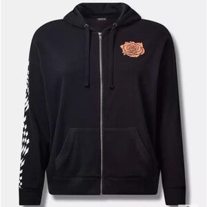 Torrid Black Zip-Up Hoodie with Orange Floral Accent